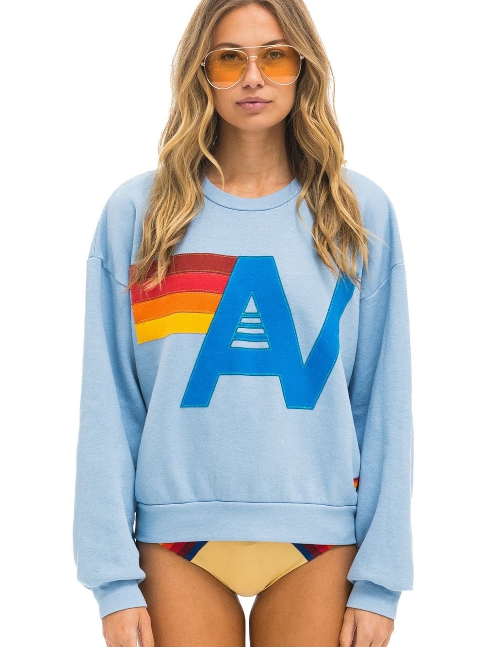 Aviator Nation Logo stitched relax Light Blue Crewneck with Rainbow 'A' Graphic